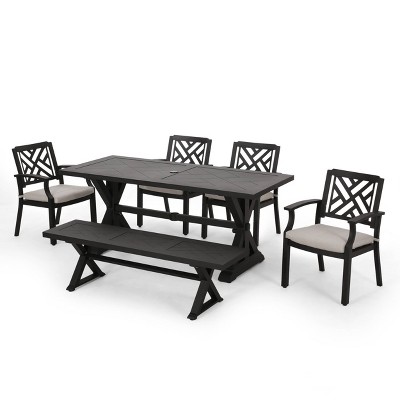 Waterford 6pc Outdoor Aluminum Dining Set with Bench - Antique Black/Light Beige - Christopher Knight Home