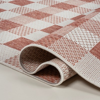 Darcy Salmon and Cream Geometric Gingham 2 x 8 Runner Rug