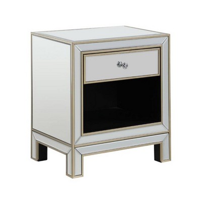 Mirrored End Table with 1 Drawer and Open Shelf Silver - Benzara
