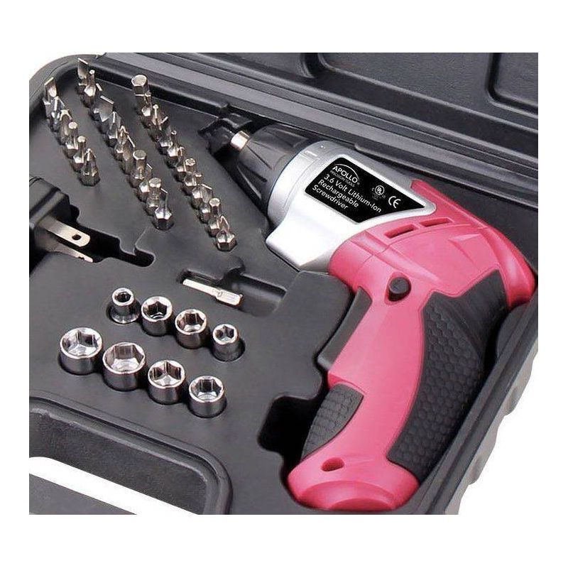 Apollo Tools DT4944P 3.6 Volt Rechargeable Screwdriver with 45pc Accessory Set Pink, 3 of 7