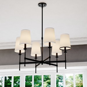 VAXCEL Camden 6 Light Matte Black Chandelier Fixture White Fabric Linen Shade, LED Compatible - 1 of 4