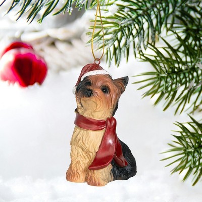 Festive Yorkshire Terrier Resin Holiday Ornament with Santa Hat and Scarf