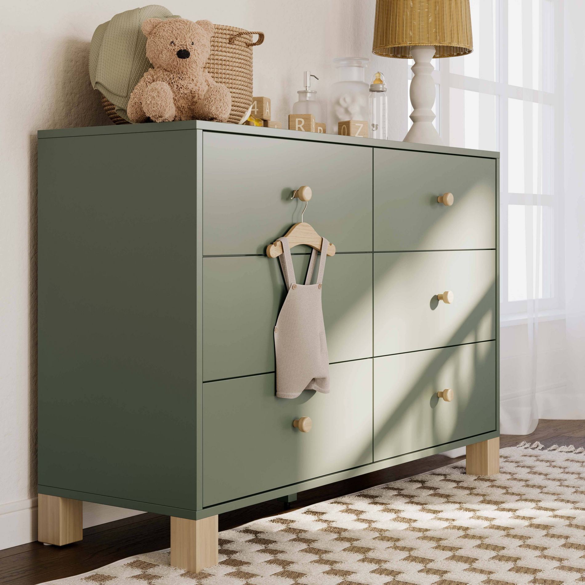 Storkcraft California 6-Drawer Double Dresser  - Olive/Driftwood