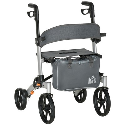 HOMCOM Aluminum Rollator Walker for Seniors and Adults with 10'' Wheels, Seat and Backrest, Folding Upright Walker with Adjustable Handle Height and Removable Storage Bag, Silver
