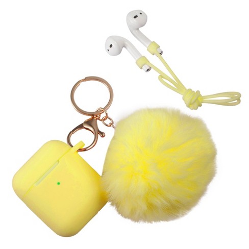 Insten Cute Case Compatible With Airpods 1 2 Fluffy Pom Pom Protective Silicone Cover With Keychain Yellow Target