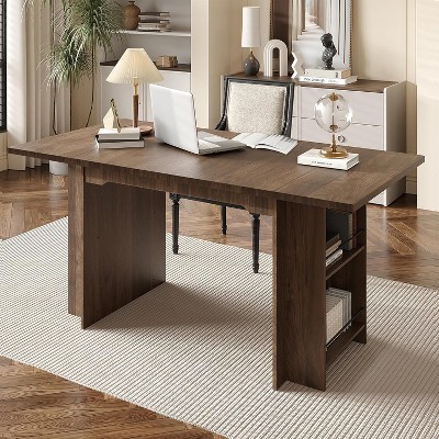 Jojoka 63 Inch Large Rectangle Dining Table for 4-6 People, Thick Wood Farmhouse Kitchen Table with Storage Shelves for Dining Room, Apartments