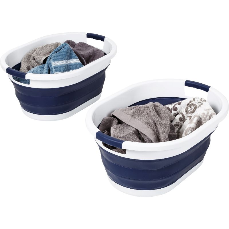 Honey-Can-Do Set of 2 Collapsible Hampers Navy Blue/White, 2 of 14