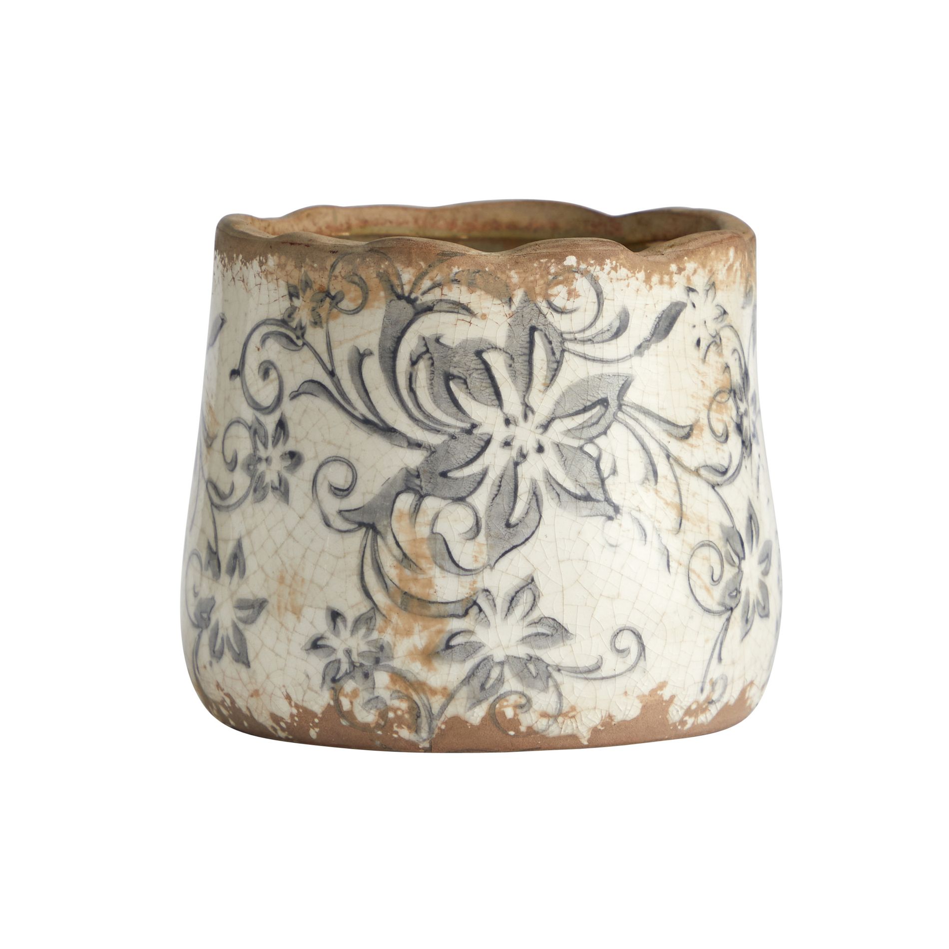 Nearly Natural 4.5-in Tuscan Ceramic Gray Scroll Planter