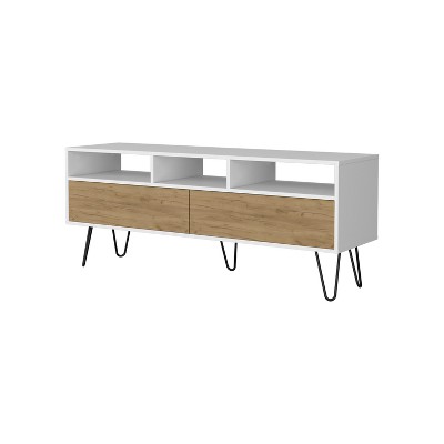 Vynxaria Modern TV Stand with 2 Doors and Open Storage, White and Natural Oak, 21.8" H x 53.8" W x 15.4" D
