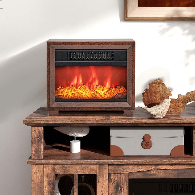 Costway Mini Desktop Electric Fireplace Heater Portable Wooden Fireplace with Vivid Flame Brown, 5 of 11