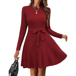 Zeagoo Women's Fall Winter Casual Dress Crewneck Long Sleeve A-Line Sweater Dress Bodycon Ribbed Knit Dress with Belt - 1 of 4
