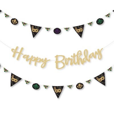 Big Dot of Happiness Mardi Gras - Masquerade Birthday Party Letter Banner Decoration - 36 Cutouts & No-Mess Real Gold Glitter Happy Birthday Letters