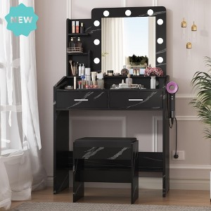 Jojoka Makeup Vanity Desk with Mirror and LED Lights, 9 Bulbs, Power Outlet, 2 Drawers, Shelves, Cushioned Stool, 3 Lighting Modes - 1 of 4