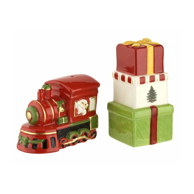 Spode Christmas Tree Train Salt and Pepper Set - Train: 2.25 x 2.25 x 3 in/ Gift stack: 3.5 x 1.65 x 1.65 in, 3 of 4