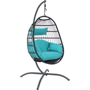 Sunnydaze Outdoor Resin Wicker Patio Penelope Hanging Basket Egg Chair Swing with Cushions, Headrest, and Steel Stand Set - 3pc