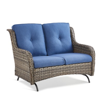 Buenhomino Patio Loveseat Rattan Glider Sofa with Curved Armrest Thicking Back & Seat Cushions for Garden Balcony Backyard
