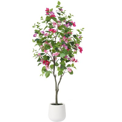 Kazeila Artificial Bougainvillea Tree with White Planter, Tall Faux Bougainvillea Trees with Red Flowers