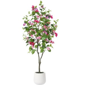 Kazeila Artificial Bougainvillea Tree with White Planter, Tall Faux Bougainvillea Trees with Red Flowers - 1 of 4