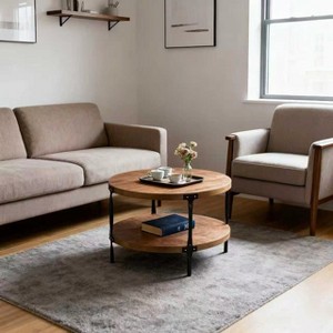 Homy Casa Round Coffee Table with Storage Shelf and Metal Frame for Living Room or Lounge, Brown - 1 of 4