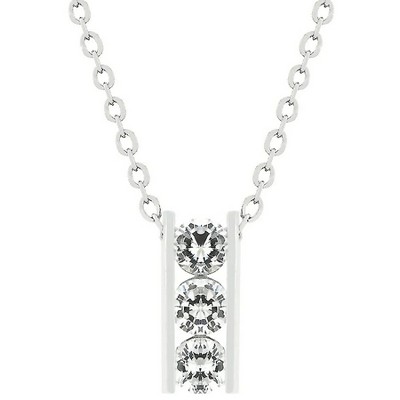 ShineHigh Triplet CZ Pendant Necklace – Rhodium-Plated Bar Design with Three Round Channel-Set Cubic Zirconia Stones on Adjustable Chain