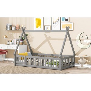 MAYEERTY Twin Tent-shaped Floor Bed with Safety Guardrails Gray - 1 of 4