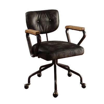 Sapphtopaz Retro Office Chair with Wheels & Button-Tufted Leather Upholstered Swivel Chair with Metal Base & Wooden Armrests for Home Office