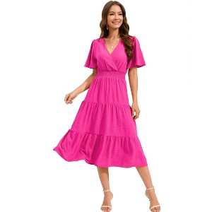 Clearlove Women's Casual V Neck Midi Dress Smocked Waist Tiered Short Sleeve A Line Pleated Flowy Long Dress - 1 of 4