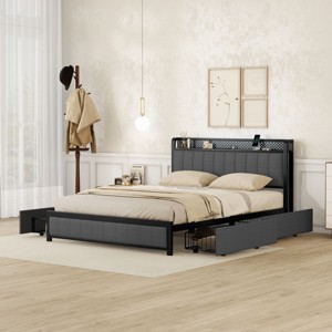 LED Bed Frame Queen,Metal Bed Frame Queen,Queen Size Bed Frame With Headboard And Storage,Bed Frame With Charging Ports-Cuddlewood - 1 of 4