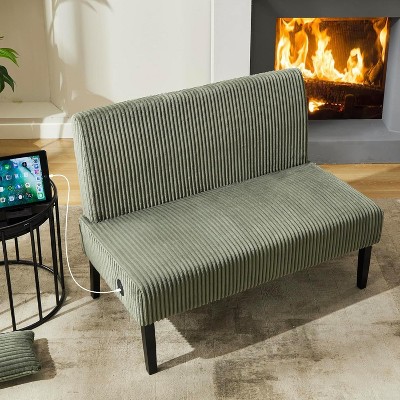 Mini Armless Loveseat Sofa with USB, Velvet Couch for Small Spaces, Bedroom, Dorm, Office, Living Room