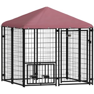 PawHut Outdoor Dog Kennel, Welded Wire Dog Run with 360° Rotating & 4 Levels Adjustable Bowls, Waterproof & UV Resistant Cover, 4.6' x 4.6' x 5' - 1 of 4