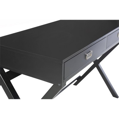 Sleek X-Framed Black Wood Writing Desk with Silver Hardware