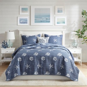 4 Piece Cotton Reversible Embroidered Quilt Set with Throw Pillow Navy King/Cal King - 1 of 4
