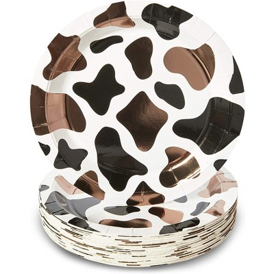 Blue Panda 48 Pack Cow Print Paper Plates for Barnyard Birthday Party Supplies, Farm Animal Baby Shower, Brown Foil Print, 9 Inch