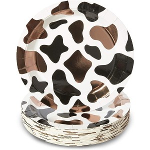 Blue Panda 48 Pack Cow Print Paper Plates for Barnyard Birthday Party Supplies, Farm Animal Baby Shower, Brown Foil Print, 9 Inch - 1 of 4