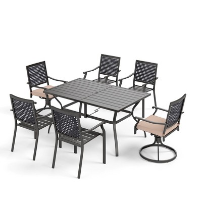 Captiva Designs 7pc Patio Dining Set with Slat-top Rectangle Table & Stackable Fixed Chairs & Swivel Steel Chairs