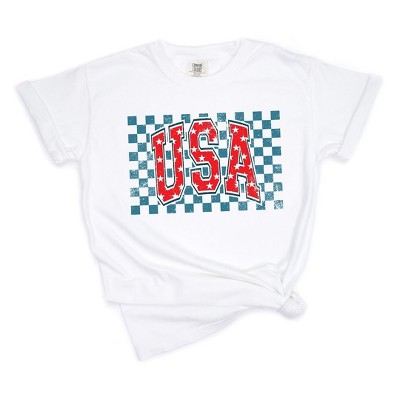 Simply Sage Market Women's USA Checkered Stars Short Sleeve Garment Dyed Tee