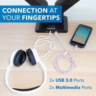 Black Dual Monitor Desk Mount with USB Ports and Adjustable Arms