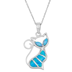 Opalata Sterling Silver Blue Inlay Opal Cat 18" Pendant Necklace - Blue - 1 of 2