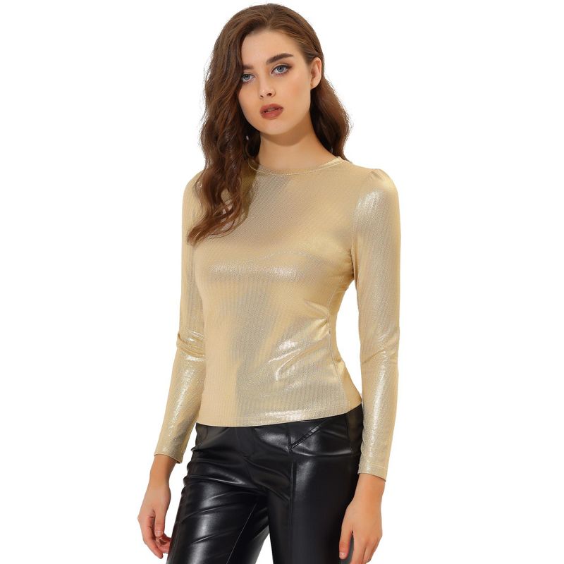 Allegra K Women's Long Sleeve Puff Sleeve Party Glitter Shiny Metallic Tops, 1 of 7