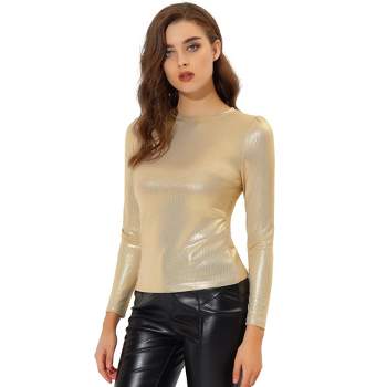 Allegra K Women's Long Sleeve Puff Sleeve Party Glitter Shiny Metallic Tops