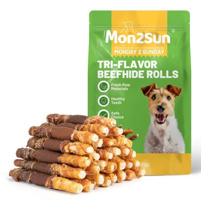 MON2SUN Dog Treats, Triple Flavor 5 Inch Chicken Liver Duck and Chicken Wrapped Rawhide Snacks for Small and Medium Dogs