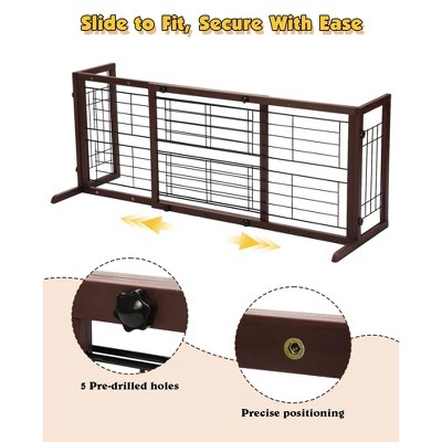 Expandable Brown Solid Wood Freestanding Pet Gate with Wire Mesh