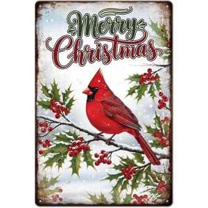 Lomsoe Christmas Cardinal Bird Metal Tin Sign 8x12in "Merry Christmas" Vintage Painting Tin Signs Wall Poster Plaque for Living Room Christmas Gift - 1 of 4