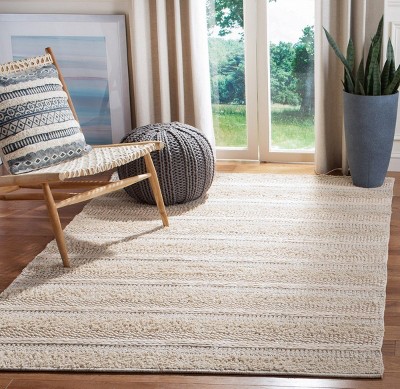 Ivory Striped Handwoven Wool and Cotton Area Rug 4' x 6'