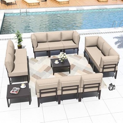 ALAULM Metal Patio Furniture Set Modern Metal Outdoor Conversation Sets w/45in Propane Fire Pit Table, Patio Sectional Sofa w/5 Inch Cushion