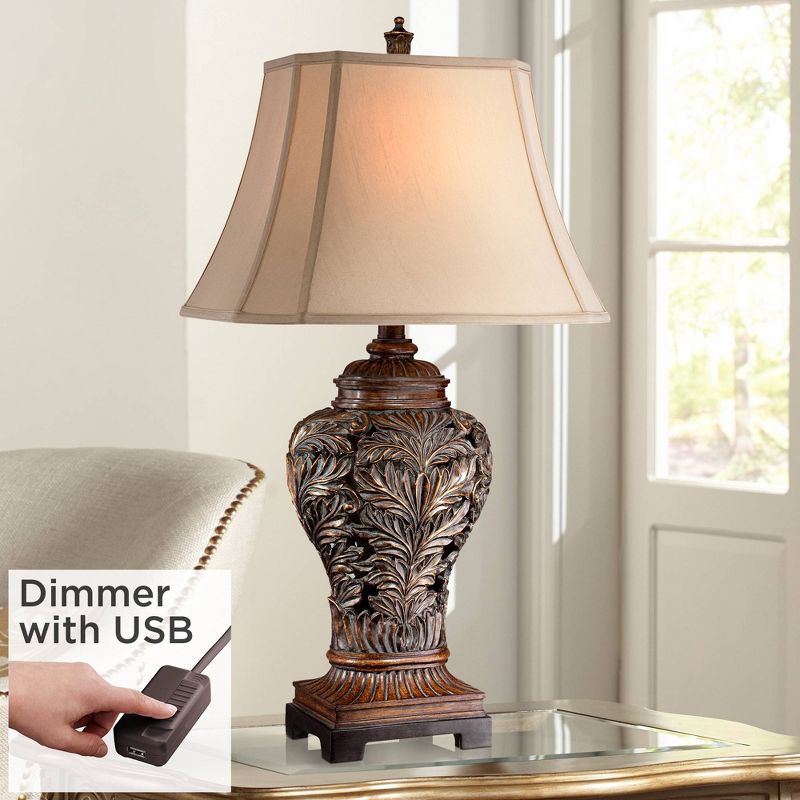 Barnes and Ivy Leafwork Traditional Table Lamp 32 1/2" Tall Bronze with USB Dimmer Cord Tan Rectangular Shade for Bedroom Living Room Bedside Office, 2 of 10