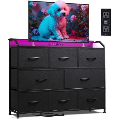 8 Dresser TV Stand with Power Outlets, Led Dresser for Bedroom, Fabric Chest of Drawers with Double Open Shelves, Wood Top, Steel Frame