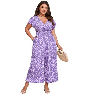 Women's Plus Size Wide Leg Floral Jumpsuits Casual Summer Short Sleeve Fashion Outfit Criss Cross Neck Smocked Waist - 1 of 4
