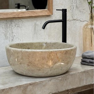 Beige Marble Vessel Sink – Handcrafted Round Bathroom Bowl, 16.1 Inch Polished Stone Basin, Durable and Elegant Design, Natural Marble Bathrooms - 1 of 4