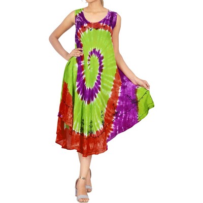 LA LEELA Women's Summer Holiday Casual Short Swing Dress Loose A Line House Wear Beach Dresses Large/X Large Multicolored, Tie Dye Design